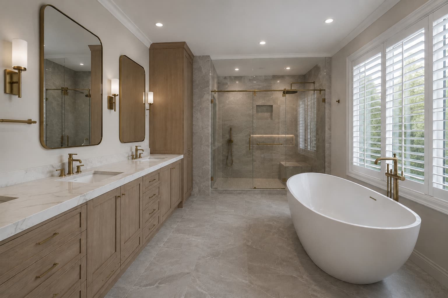 Renovated bathroom with an oak double vanity, brass fixtures, a glass shower and a freestanding tub